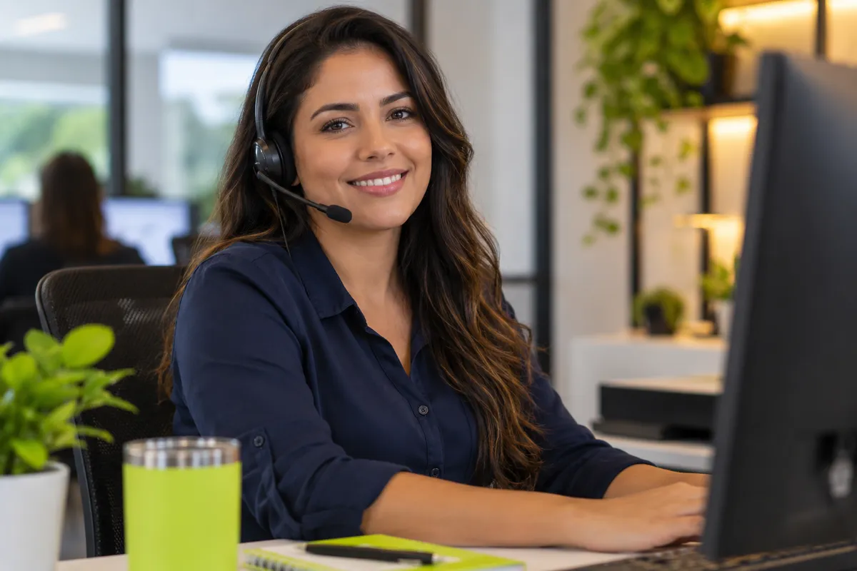 Representação de uma profissional de atendimento usando headset em uma mesa.