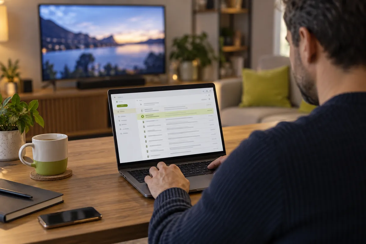 Pessoa recebendo instruções de acesso IPTV pelo atendimento online, com televisão ao fundo.
