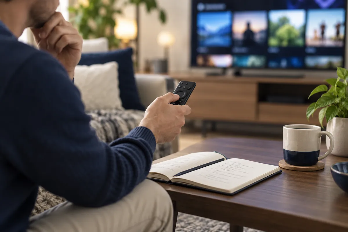 Pessoa com controle remoto e caderno consultando informações diante da televisão.