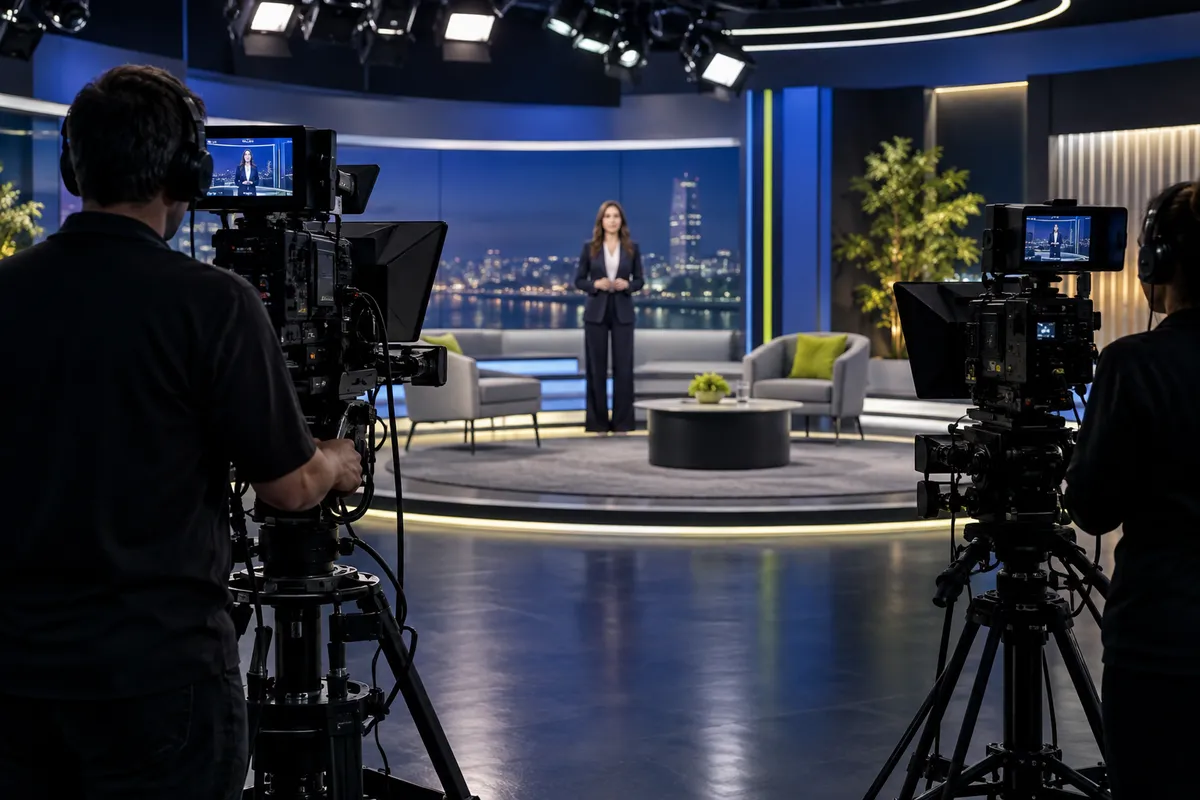 Câmeras e apresentadora em um estúdio de televisão ilustrativo.