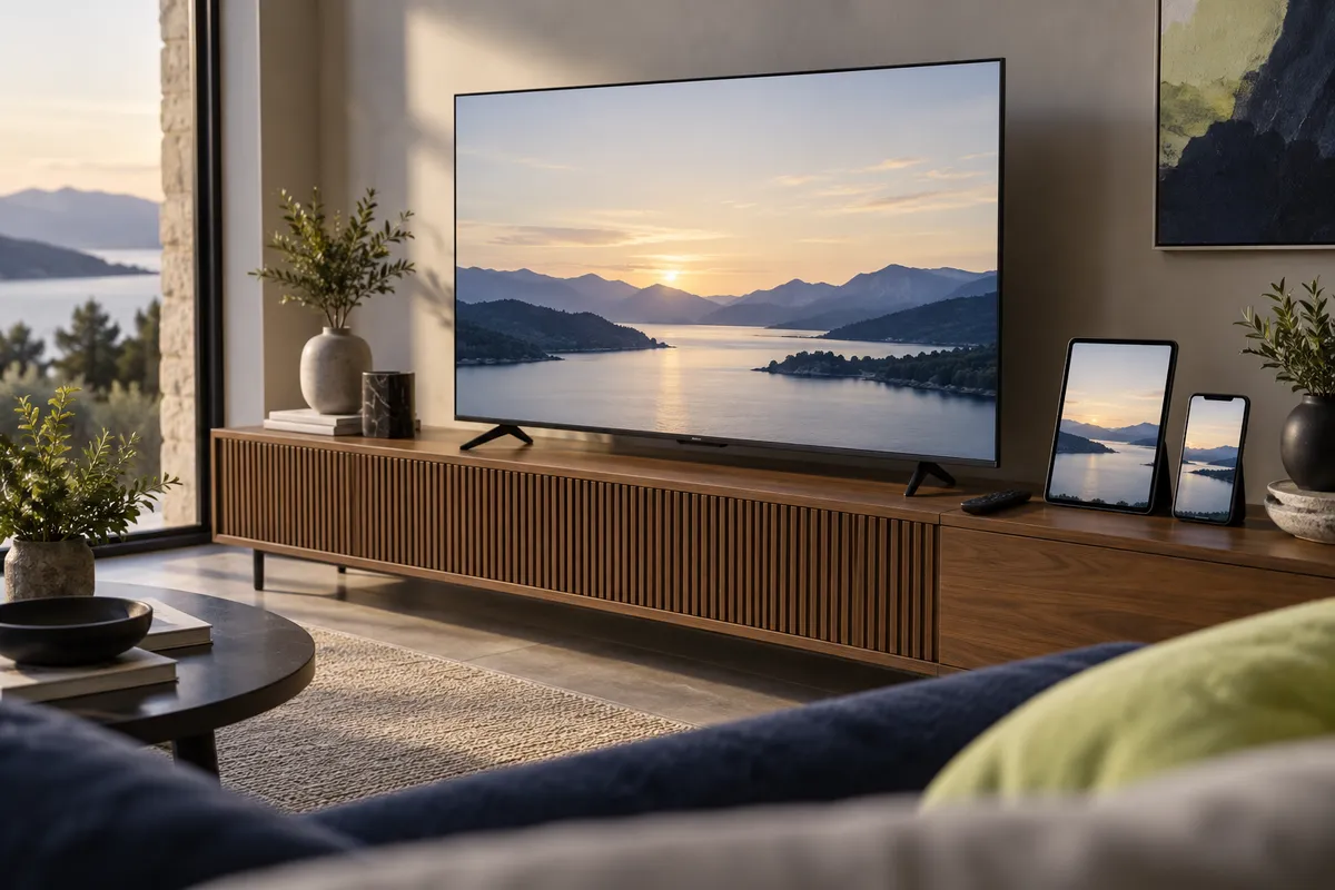 Televisão, tablet e celular sobre um móvel, com paisagens nas telas.