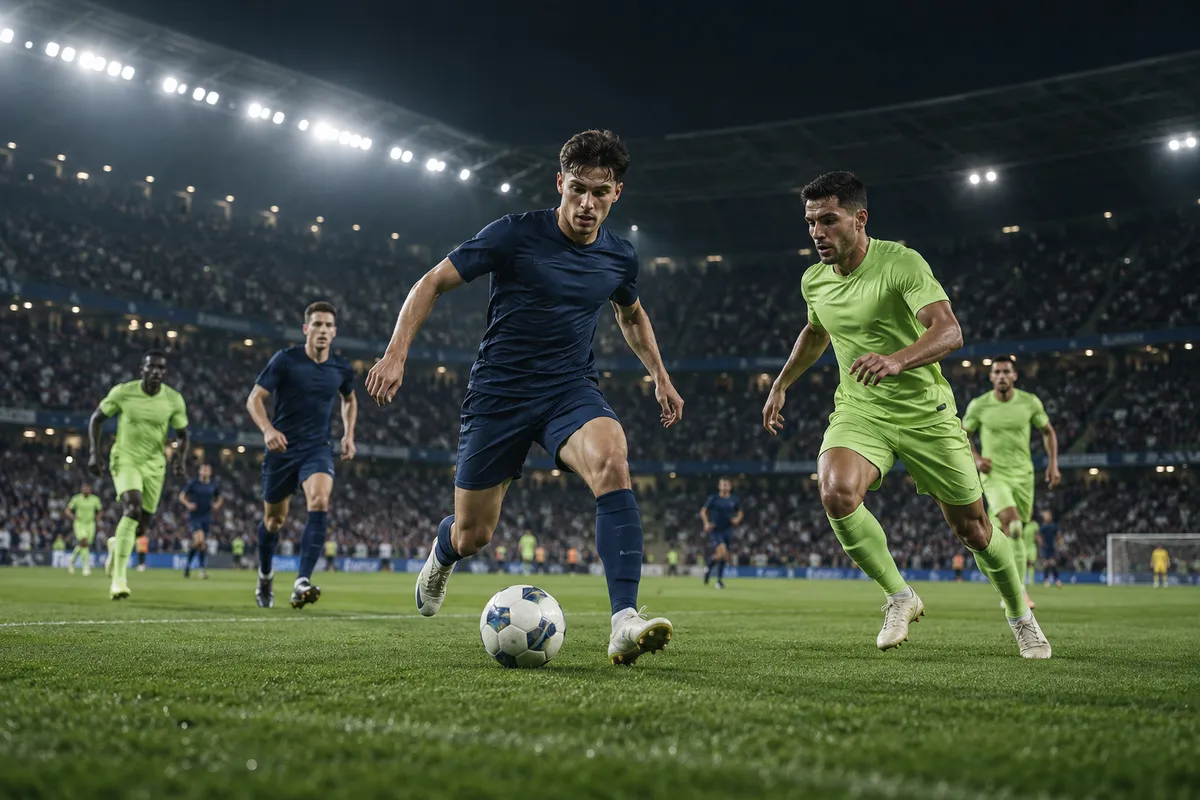 Jogadores disputando uma bola de futebol em um estádio iluminado à noite.