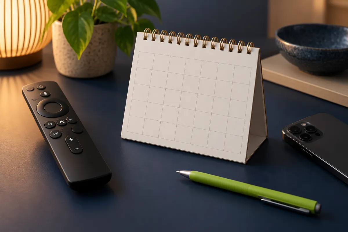 Calendário sem datas, controle remoto e celular sobre uma mesa.