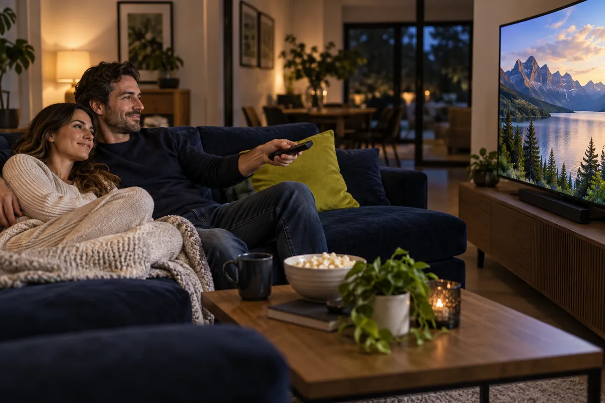 Casal usando o controle remoto para avaliar a televisão em casa.