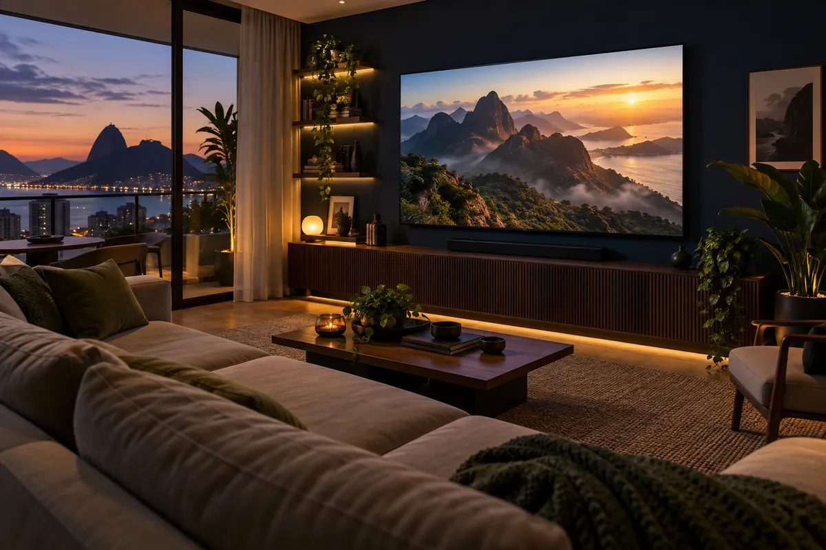 Sala de estar com televisão exibindo uma paisagem ao anoitecer.